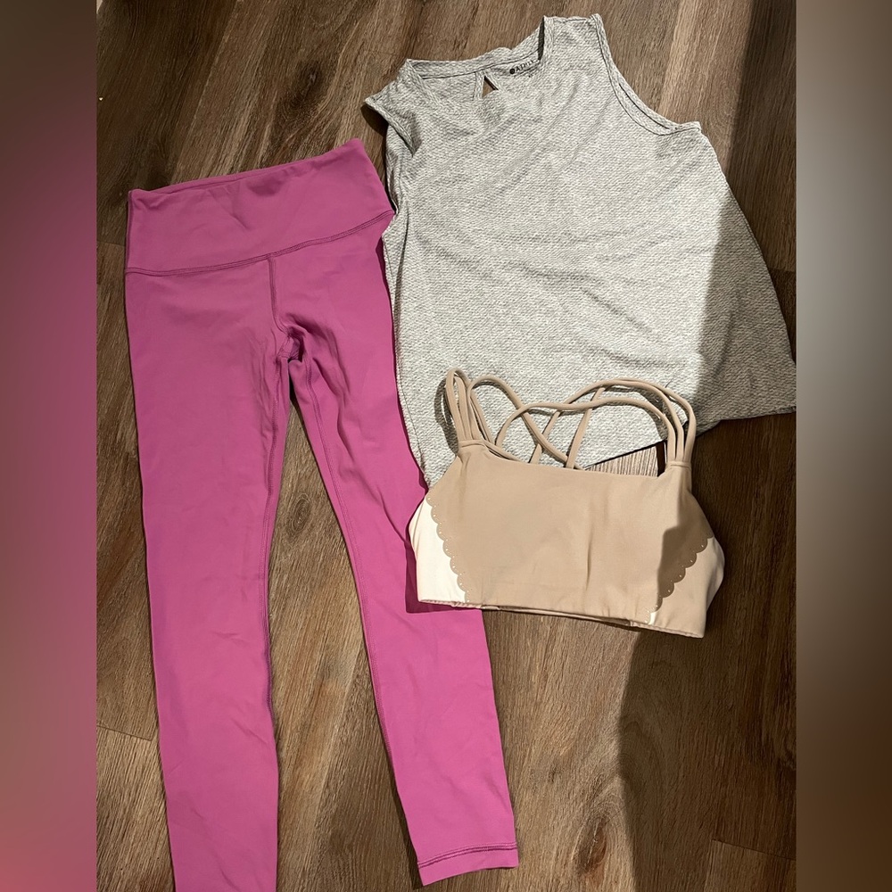 Athleta Gray Tank Top, Pink Leggings, and Beige Sports Bra Set